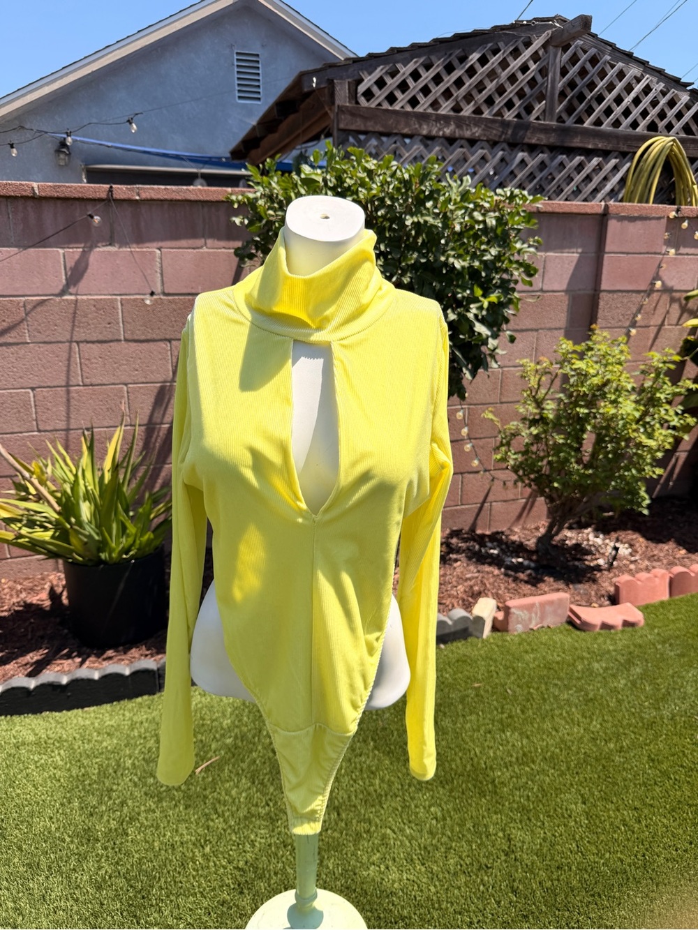 Women's Yellow Long-Sleeve Keyhole Bodysuit with Draped Neck